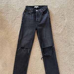 Re/Done Women Straight Leg Jeans in Black with Distressed Knees